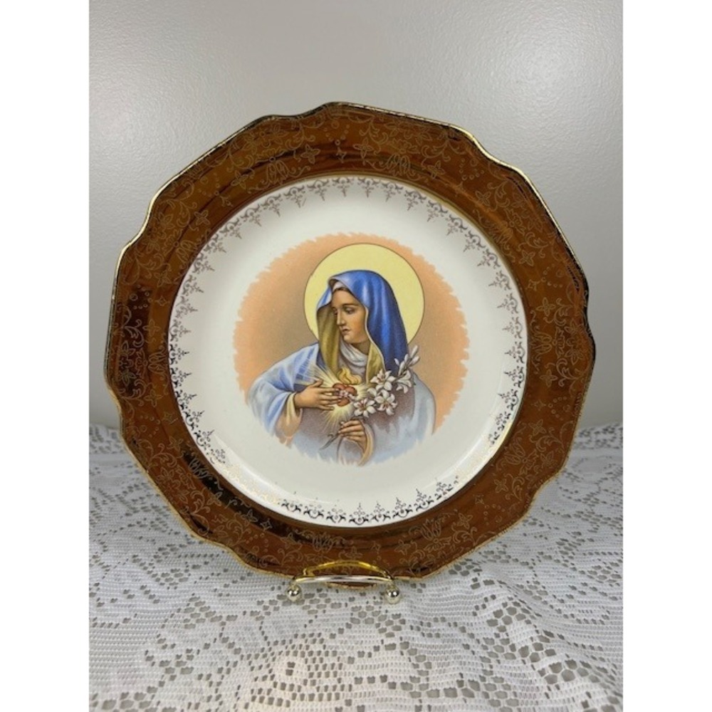 Vintage Sabin Crest-O-Gold Immaculate Heart of Mary 22K Gold Plate 10 Inch